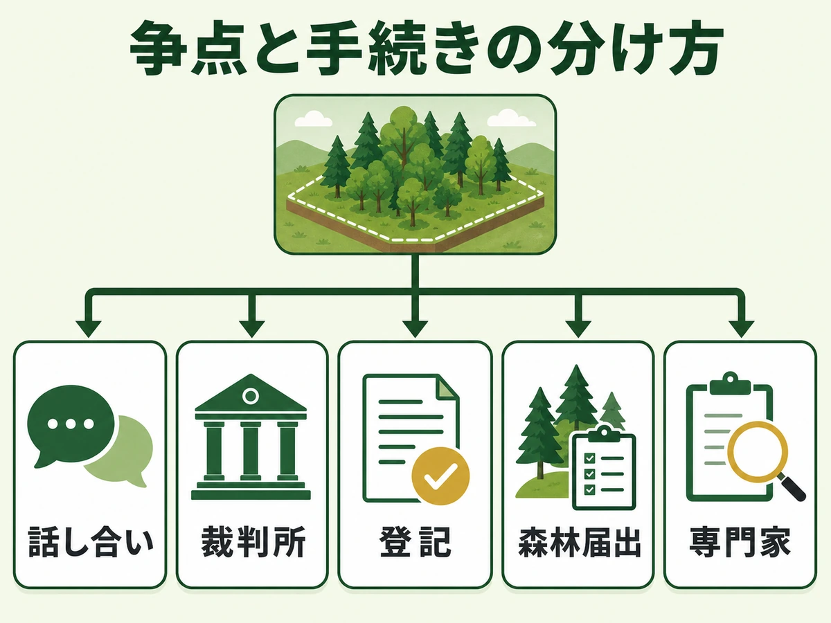 山林相続の争点と登記・森林届出などの手続きを分けて進める図