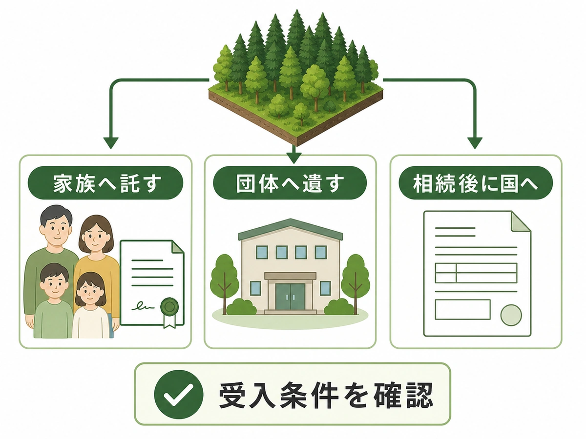 山林を家族へ託す・団体へ遺す・相続後に国へ移す選択肢を比較する図