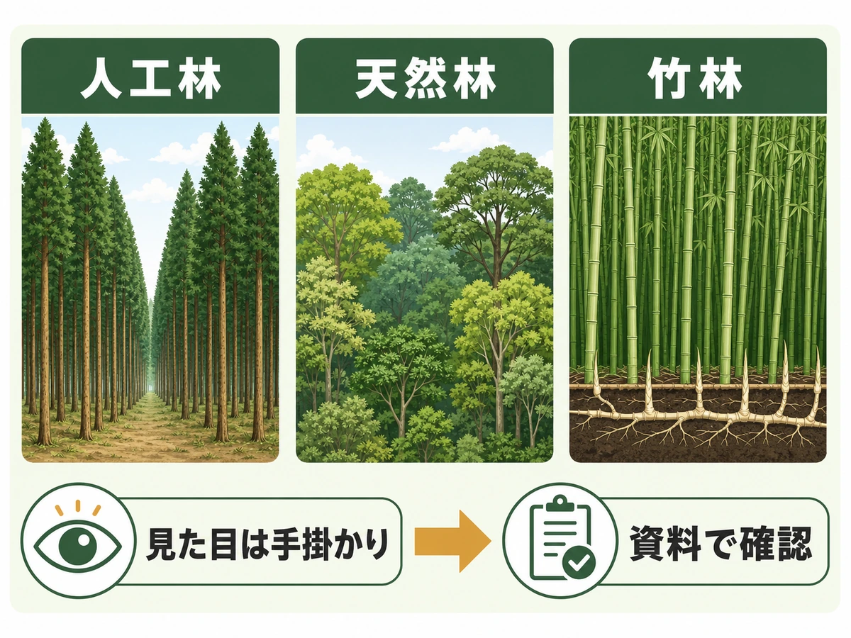 人工林・天然林・竹林の見た目の手掛かりと資料確認を比較した図