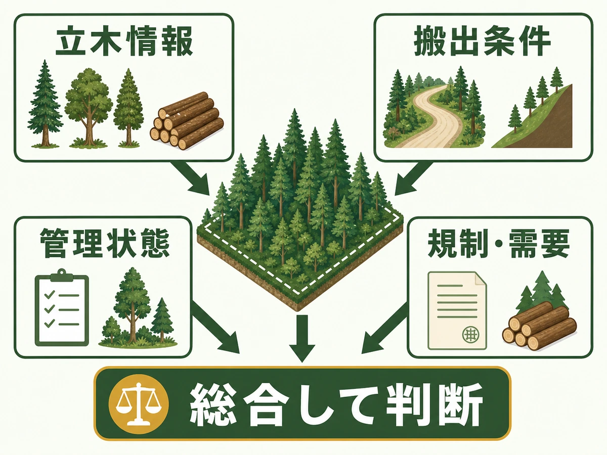 山林の価値を立木情報・搬出条件・管理状態・規制と需要から総合判断する図