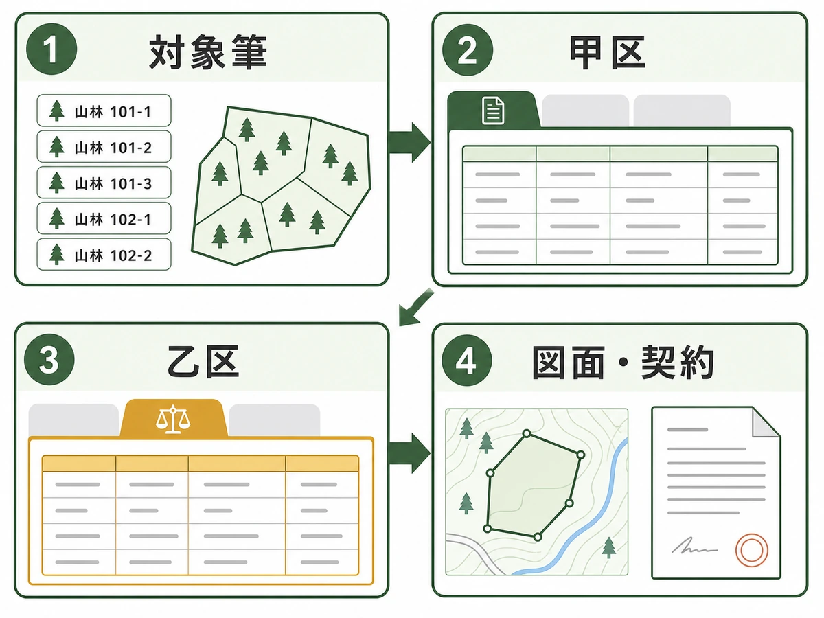 山林の対象筆、甲区、乙区、図面・契約を順に確認する4ステップ