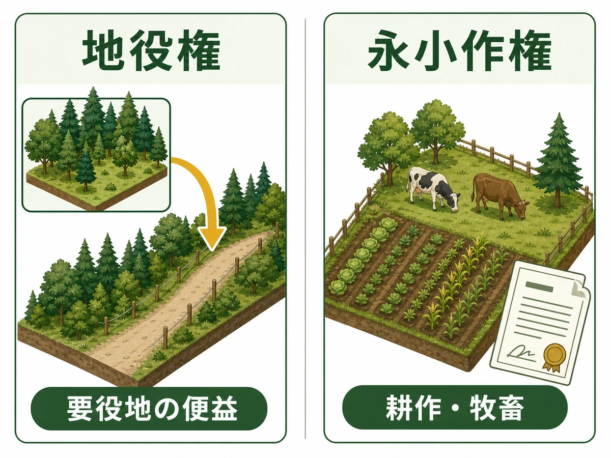 地役権は要役地の便益、永小作権は耕作・牧畜の権利であることを比較する図