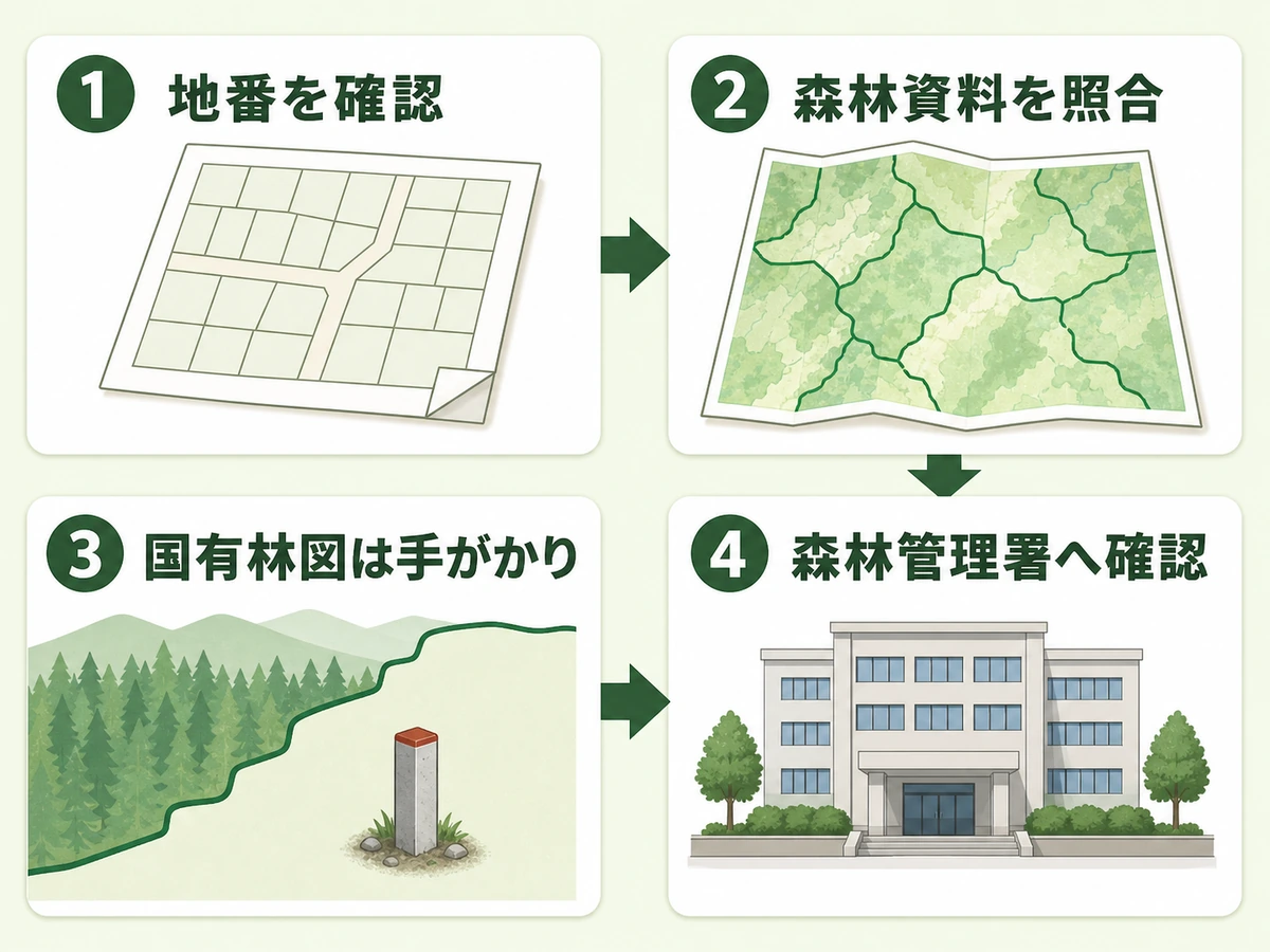 地番確認から森林管理署への確認までの4段階を示すフロー図