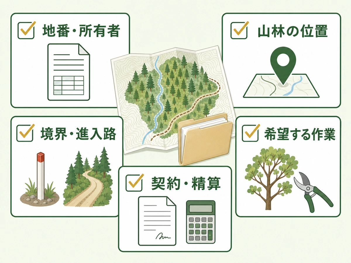 森林組合へ相談する前に地番・位置・境界・希望作業・契約を確認するチェック図