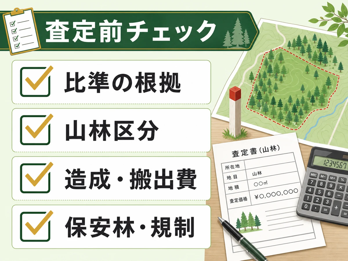 山林査定前に確認したい項目を示すチェックリスト画像