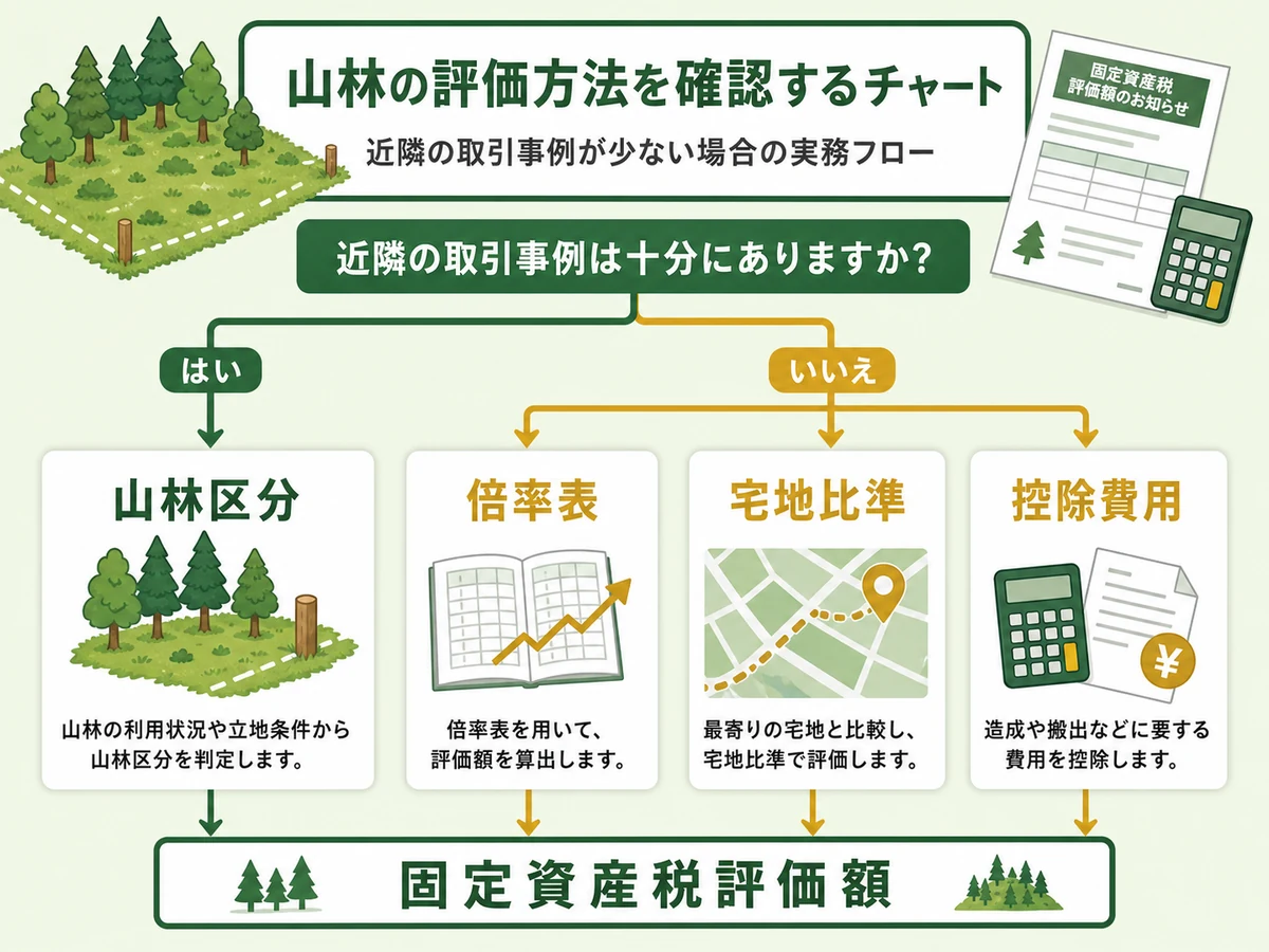 山林の評価方法を確認する流れを示す図