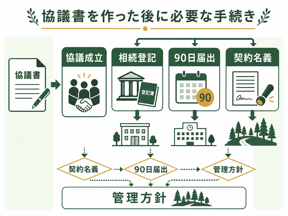 山林の遺産分割協議書が完成した後の相続登記と90日届出の流れ