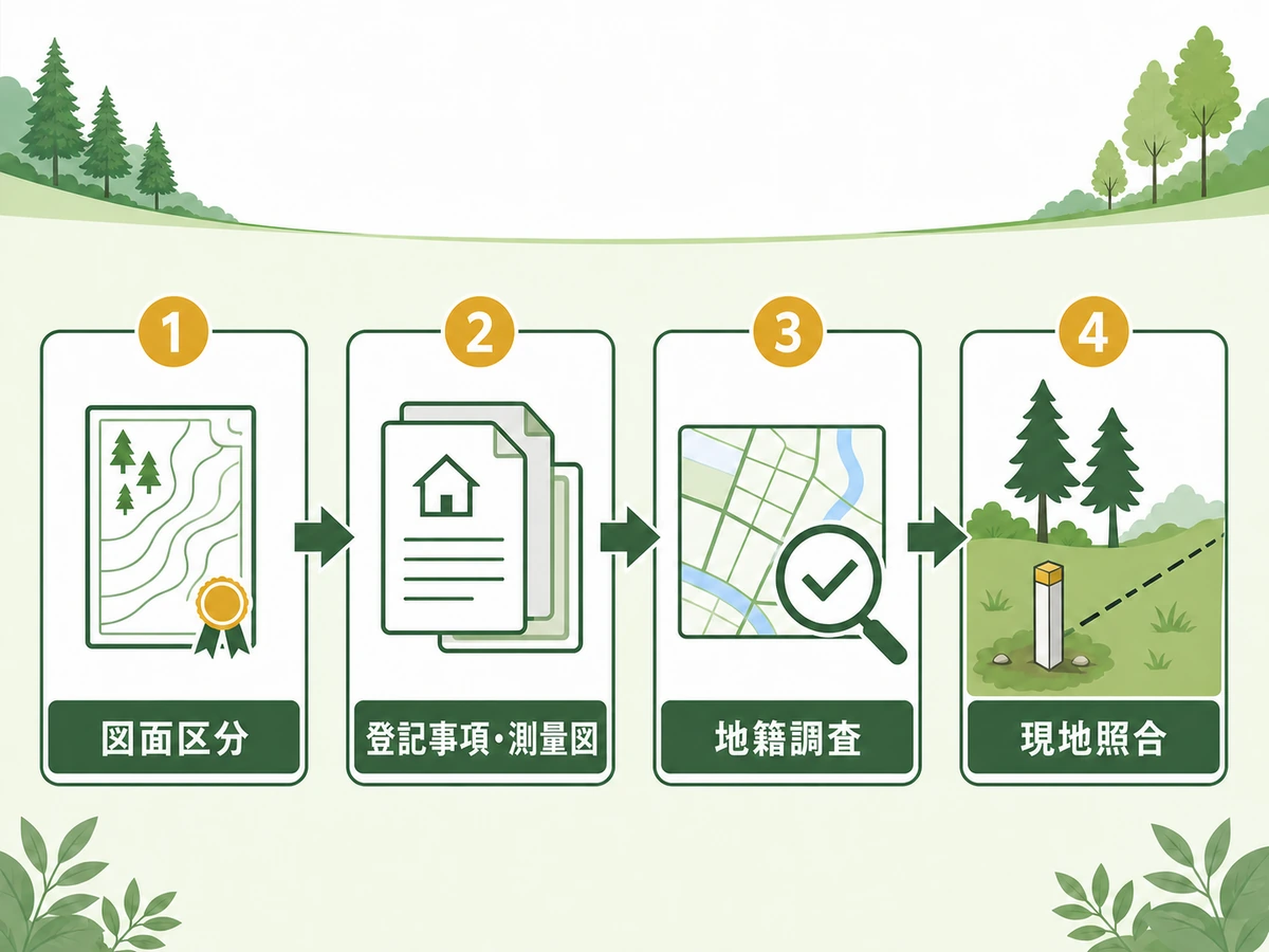 山林の公図について図面区分から現地照合までを確認する順番