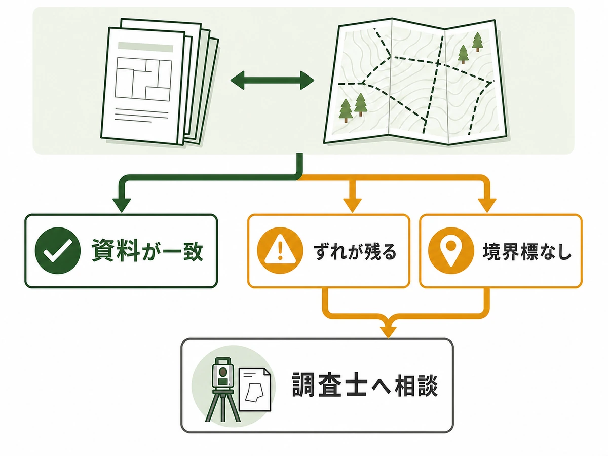 公図と現地の一致・不一致から土地家屋調査士への相談を判断する図