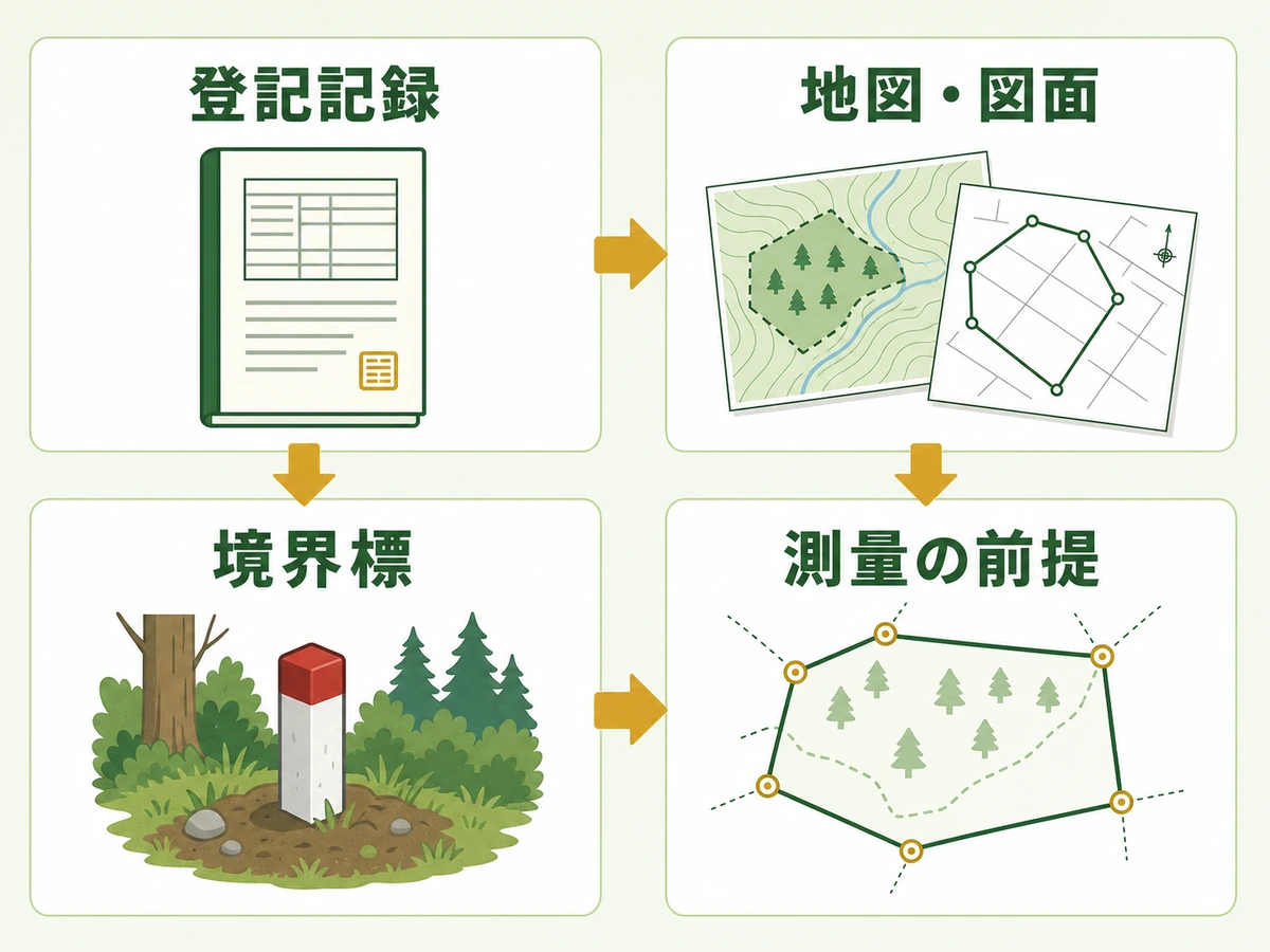山林の登記面積と実測面積が違うときに確認する登記記録、地図・図面、境界標、測量の前提
