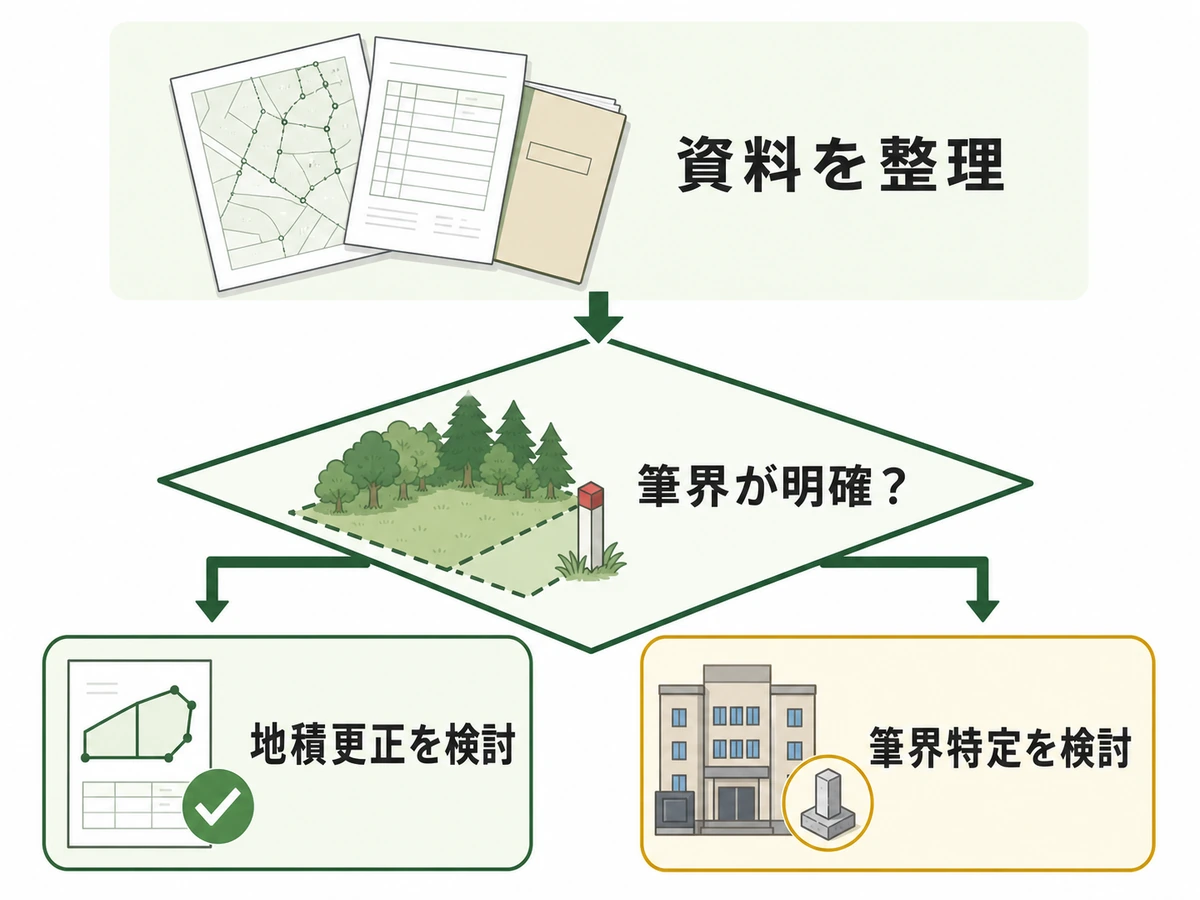 山林の面積差で資料整理後に筆界の明確さを確認し、地積更正または筆界特定を検討する判断図