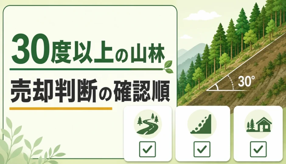 傾斜30度以上の山林で売却判断の確認順を示す解説画像