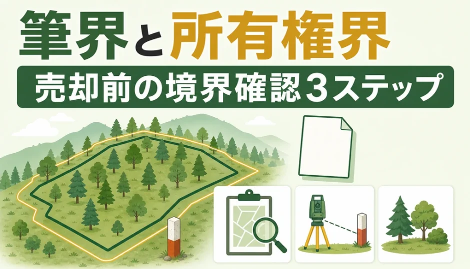 筆界と所有権界の違いと山林売却前の境界確認を示す解説画像