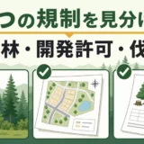 保安林・林地開発許可・伐採届の3つの規制を見分けるイメージ
