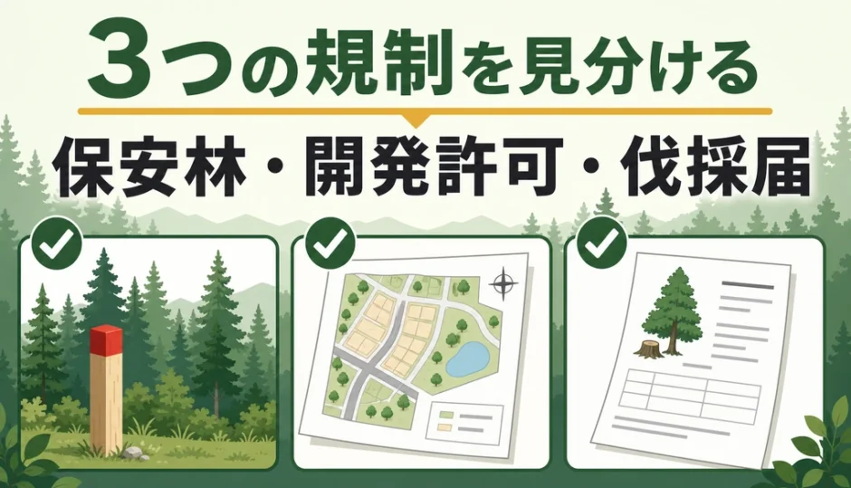 保安林・林地開発許可・伐採届の3つの規制を見分けるイメージ