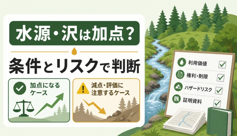 水源や沢がある山林の査定条件と注意点を示す図解