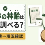 森林簿と現況確認で山林の林齢を調べる流れ