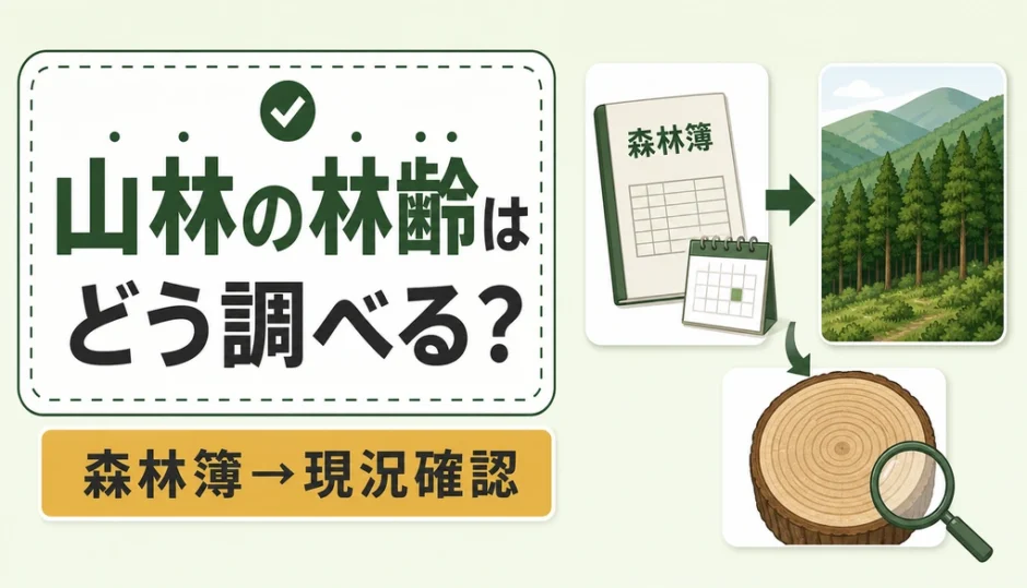 森林簿と現況確認で山林の林齢を調べる流れ