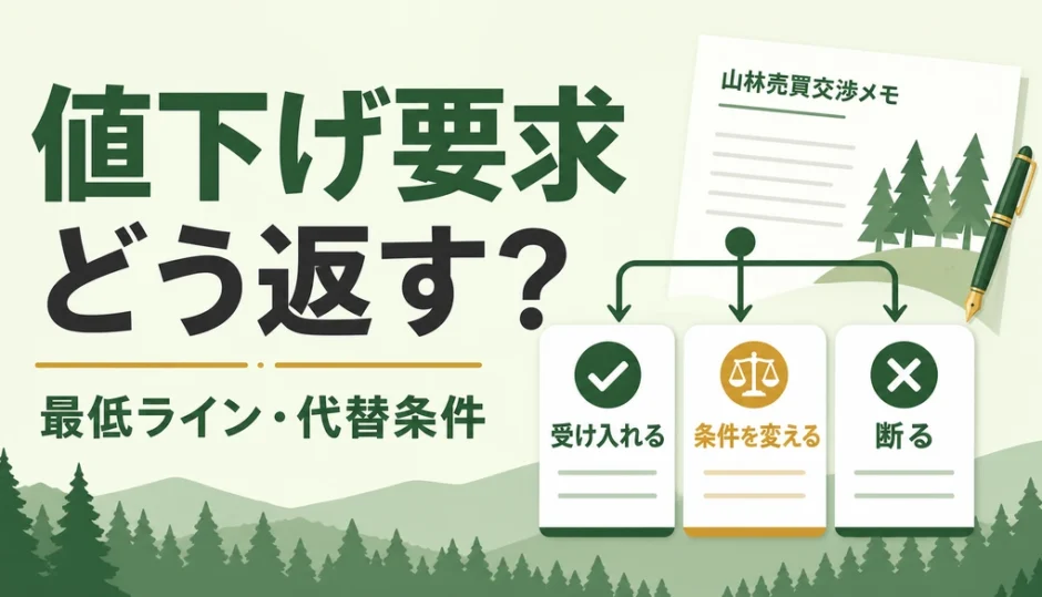 山林売却で値下げ要求を受けたときの最低ラインと代替条件を示す図解