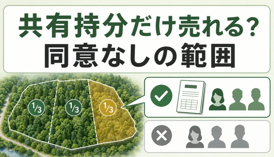 共有持分だけ売却できる範囲を山林の分割図と登記書類で示す図