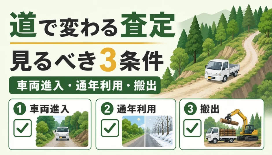 林道・作業道が山林査定に与える影響を示す図解