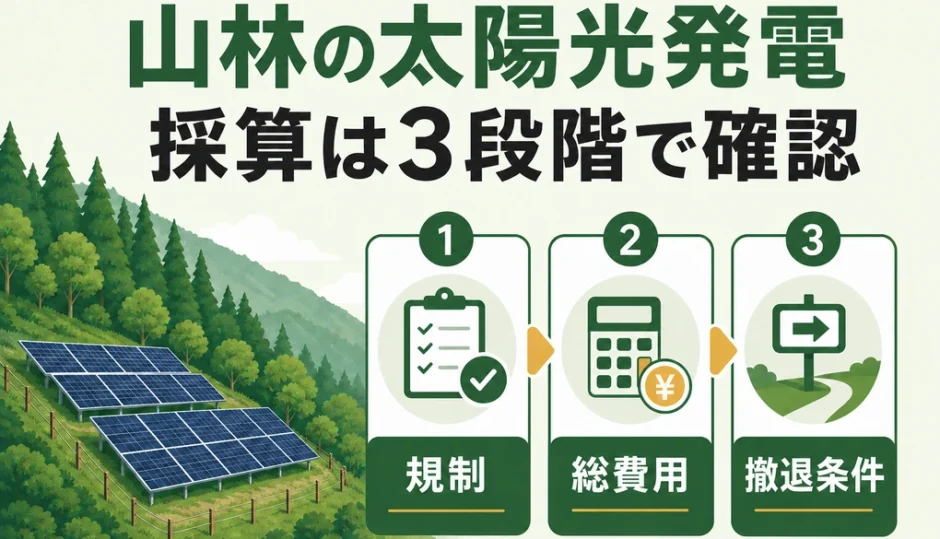 山林の太陽光発電を規制・総費用・撤退条件の3段階で判断する記事の図解
