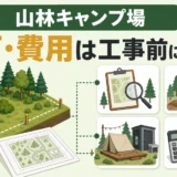 山林キャンプ場の許認可と初期費用を工事前に確認することを示す図