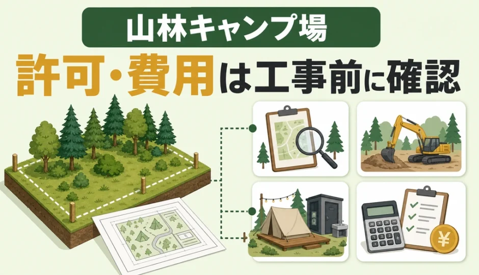 山林キャンプ場の許認可と初期費用を工事前に確認することを示す図