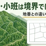 林班・小班と地番の違いを山林図と境界杭で示す解説画像