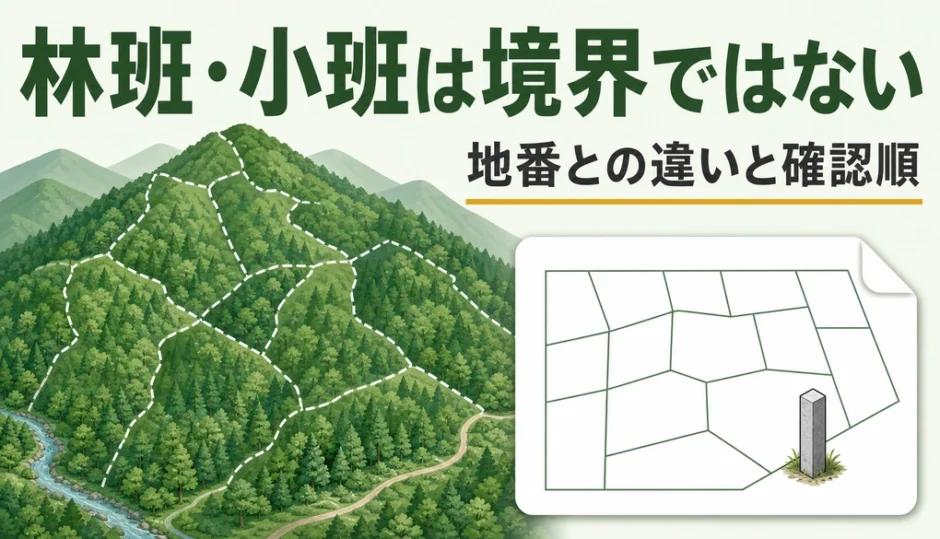 林班・小班と地番の違いを山林図と境界杭で示す解説画像