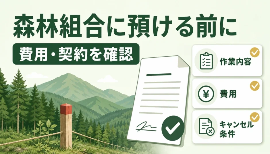 山林を森林組合へ委託する前に費用と契約を確認することを示す図