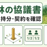 山林の遺産分割協議書で地番・持分・契約を確認する図