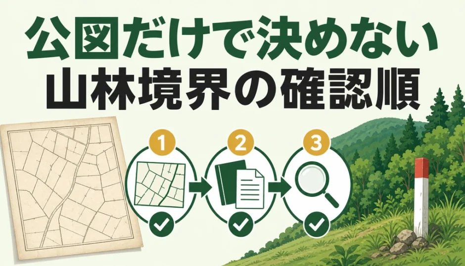 公図だけで決めず山林境界を資料と現地で確認する流れ