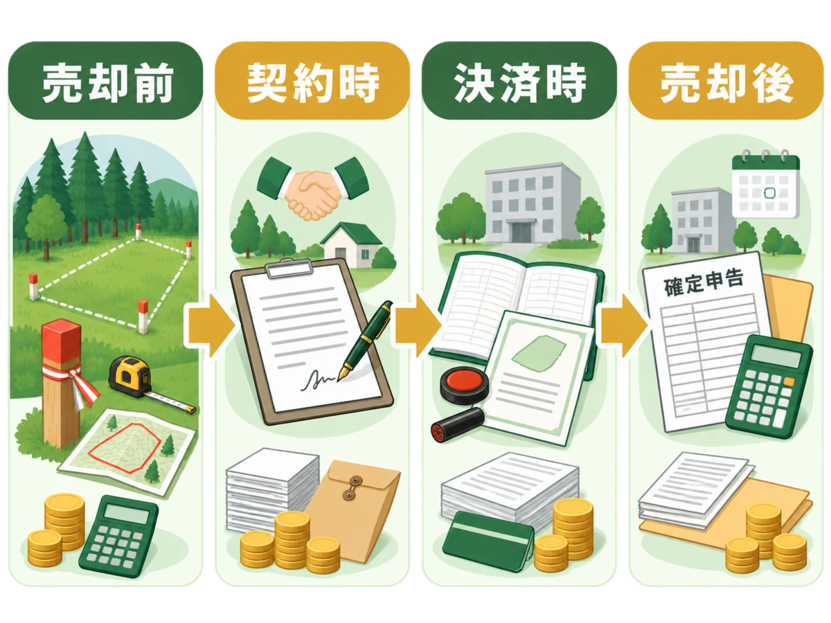 山林売却の費用を売却前・契約時・決済時・売却後に分けた図