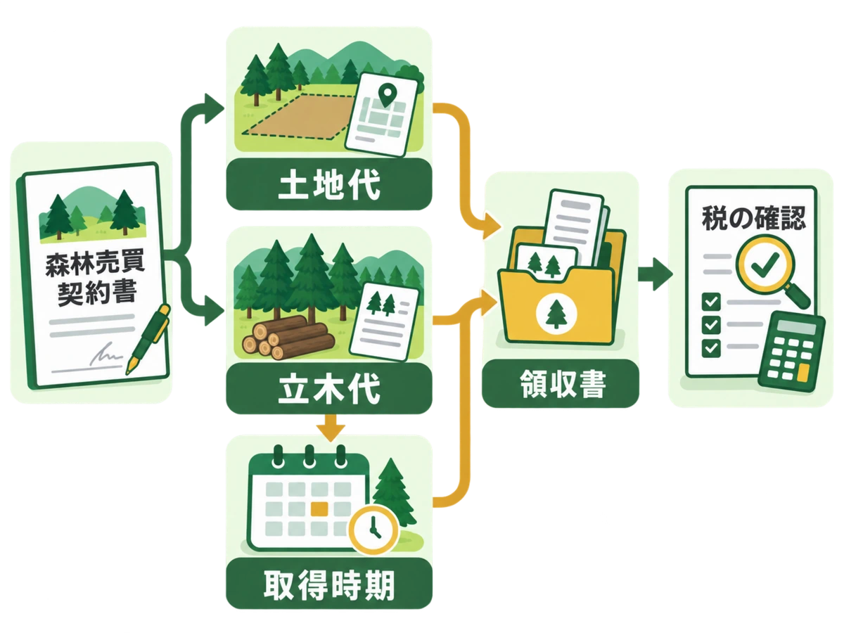 山林売却の土地代と立木代を分け、取得時期と領収書から税を確認する図