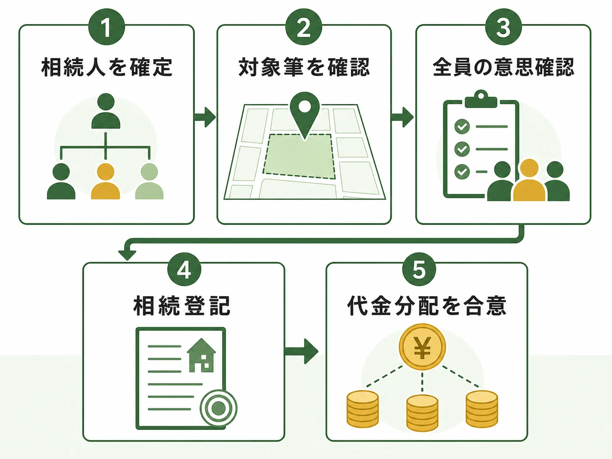 遺産分割前の山林売却で相続人確定から代金分配までの5段階を示す図