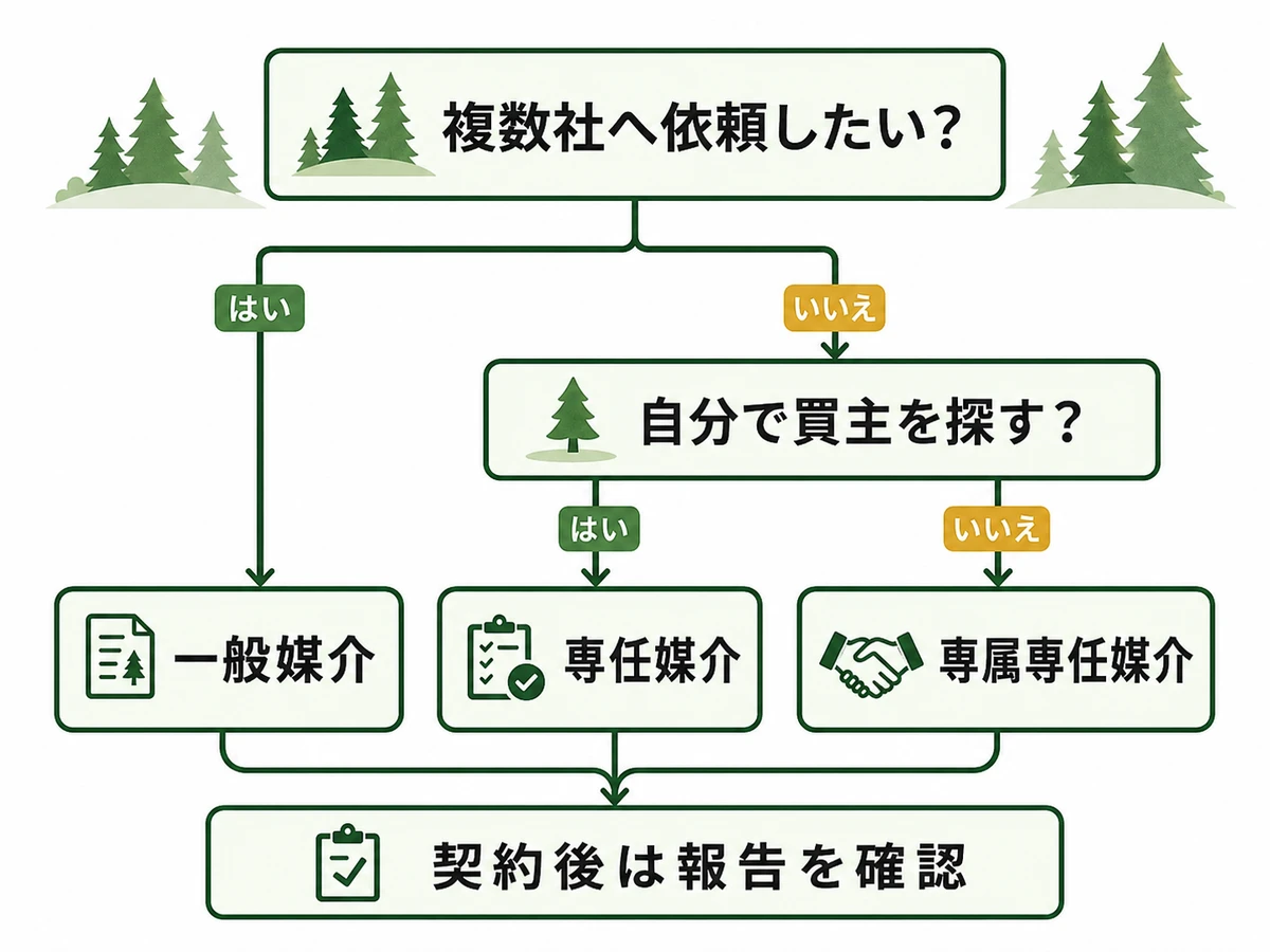山林売却で媒介契約を選び契約後に見直す流れを示す判断図