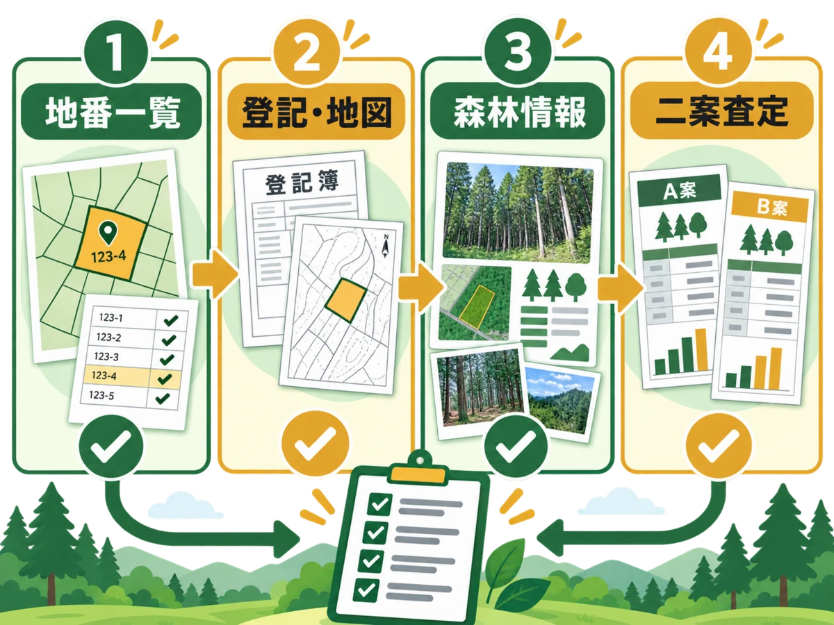 山林査定前に地番一覧・登記地図・森林情報をそろえて二案査定を依頼する流れ