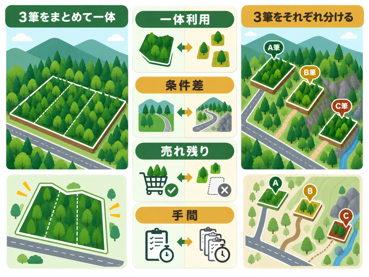 山林の一括売却と個別売却を一体利用・条件差・売れ残り・手間で比較する図