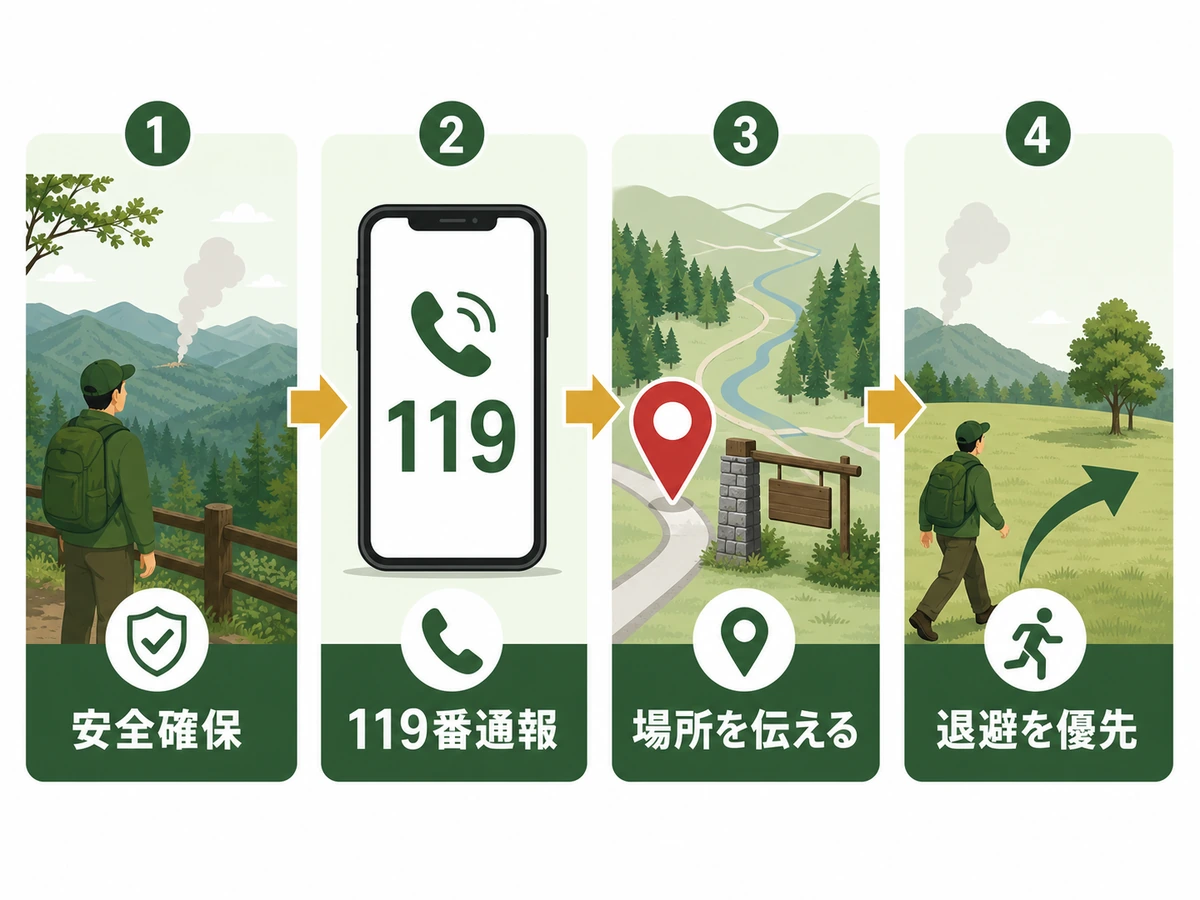 山林で煙や火を見つけたときの安全確保、119番通報、場所の伝達、退避の流れ