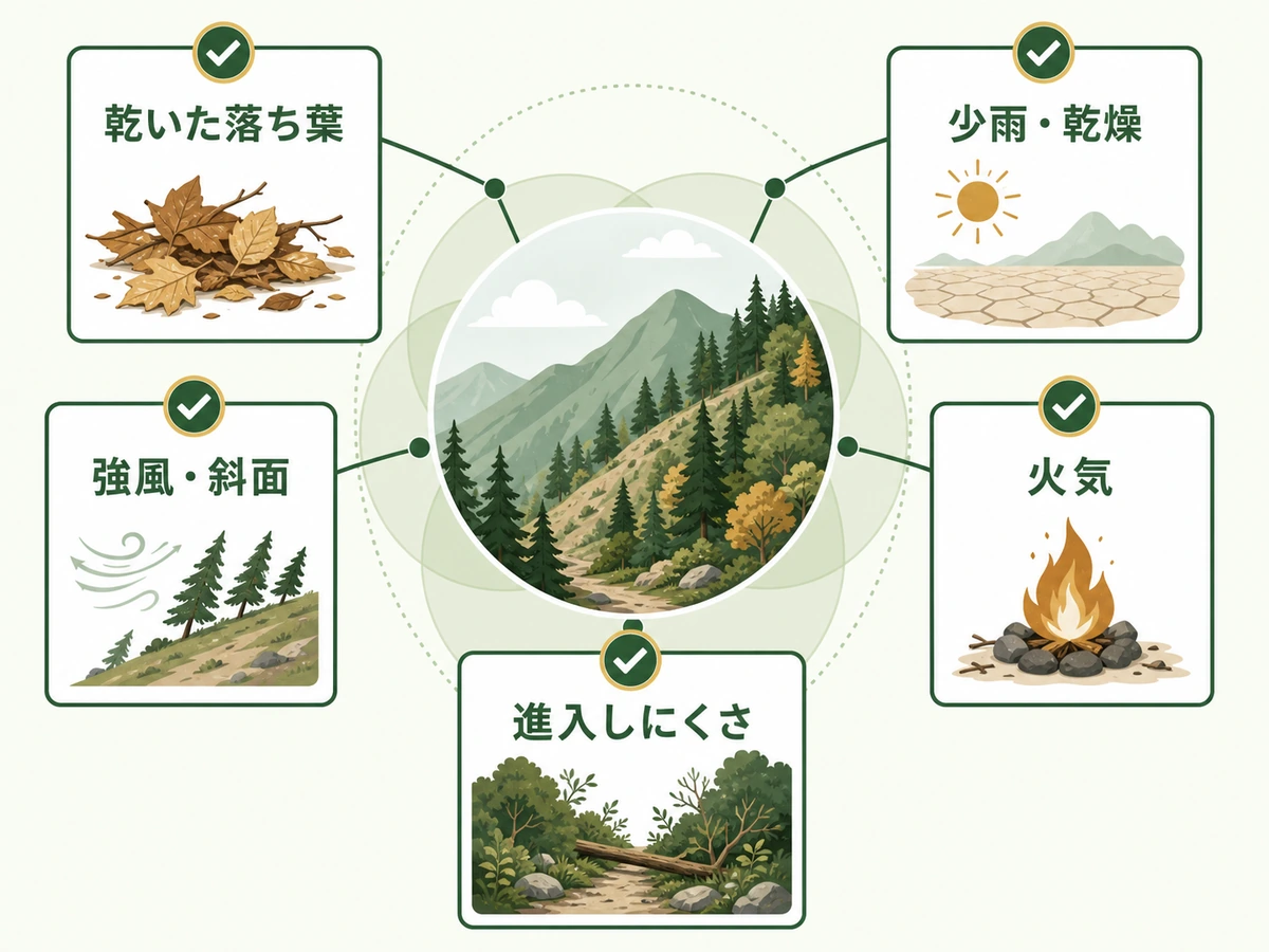 山火事リスクを高める乾いた落ち葉、乾燥、強風・斜面、火気、進入のしにくさの5条件