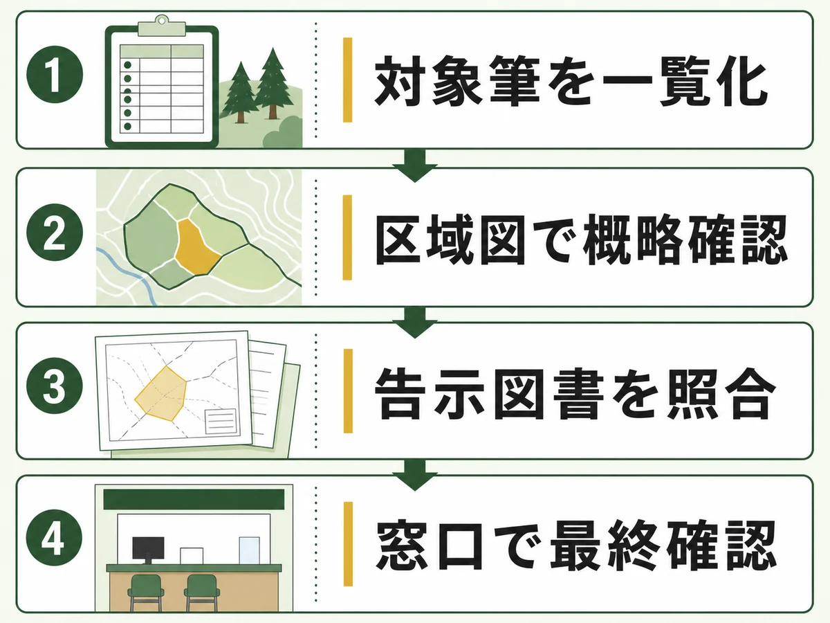 山林の対象筆一覧から告示図書と窓口確認へ進む4段階の確認フロー
