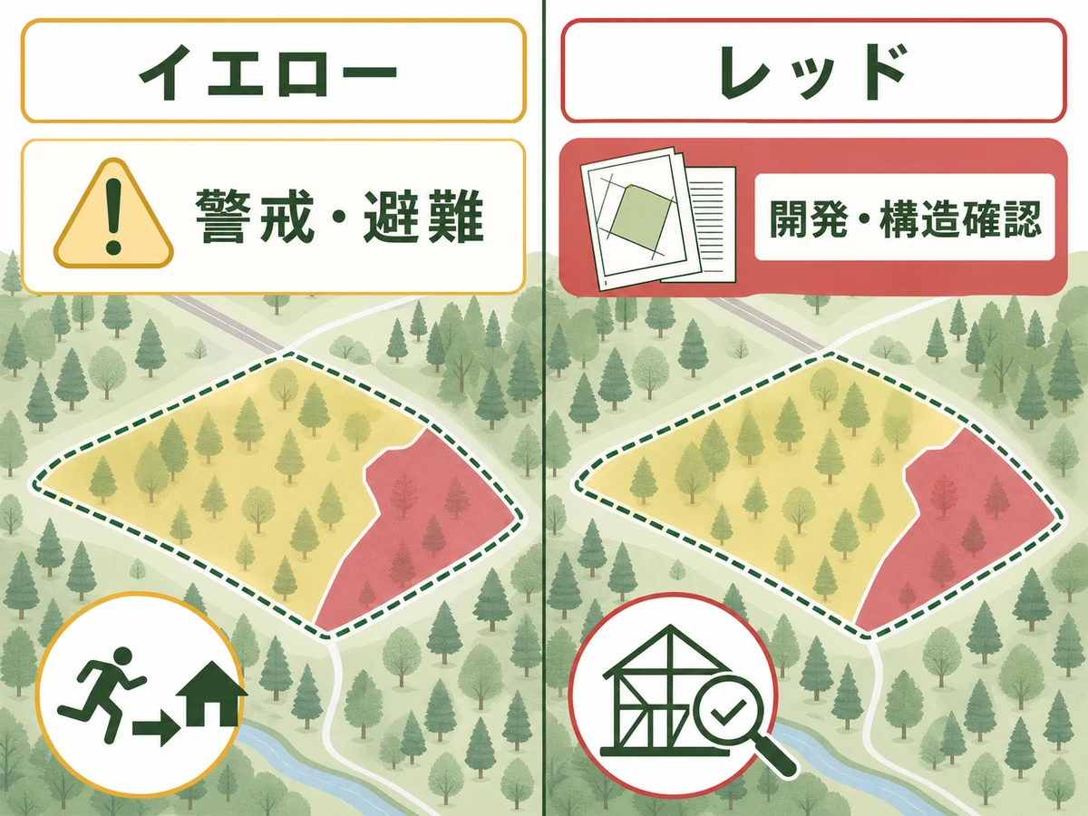 イエローゾーンの警戒避難とレッドゾーンの開発・構造確認を比べる図