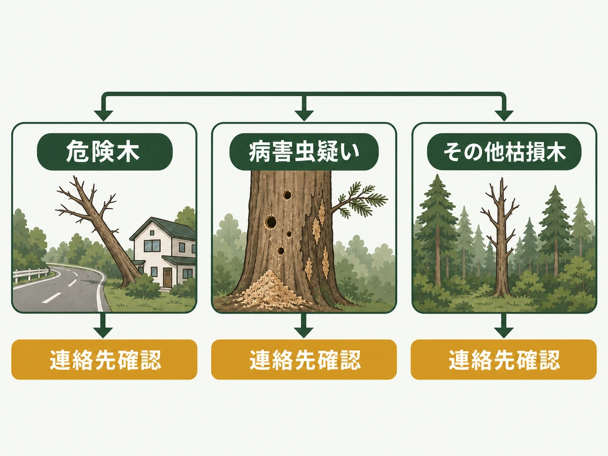 危険木、病害虫疑い、その他枯損木の対処を3分岐で示した図
