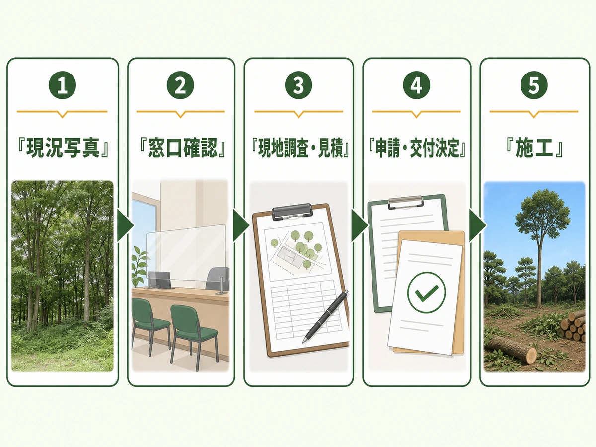 現況写真、窓口確認、現地調査と見積もり、申請と交付決定、施工の順を示す図