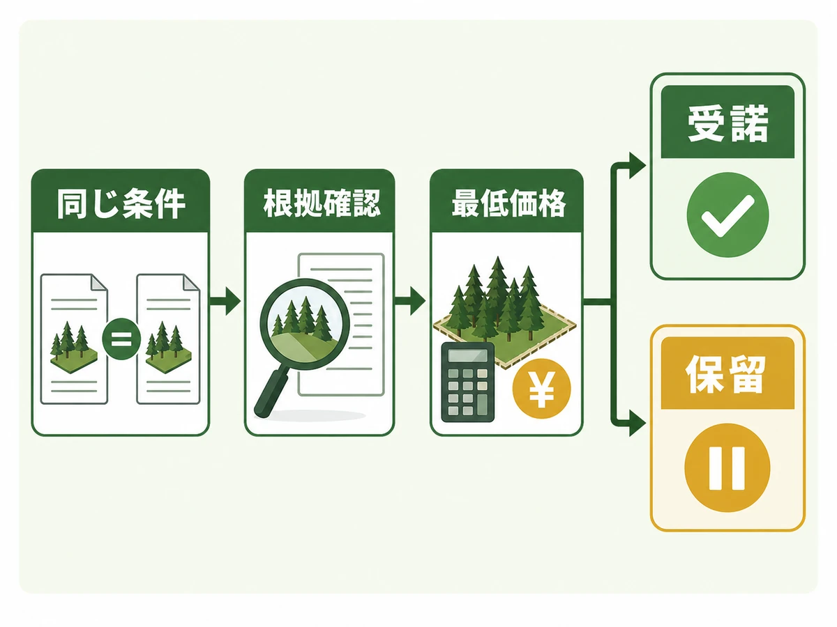 同じ条件の査定を根拠と最低価格で比べ、受諾か保留かを決める流れ