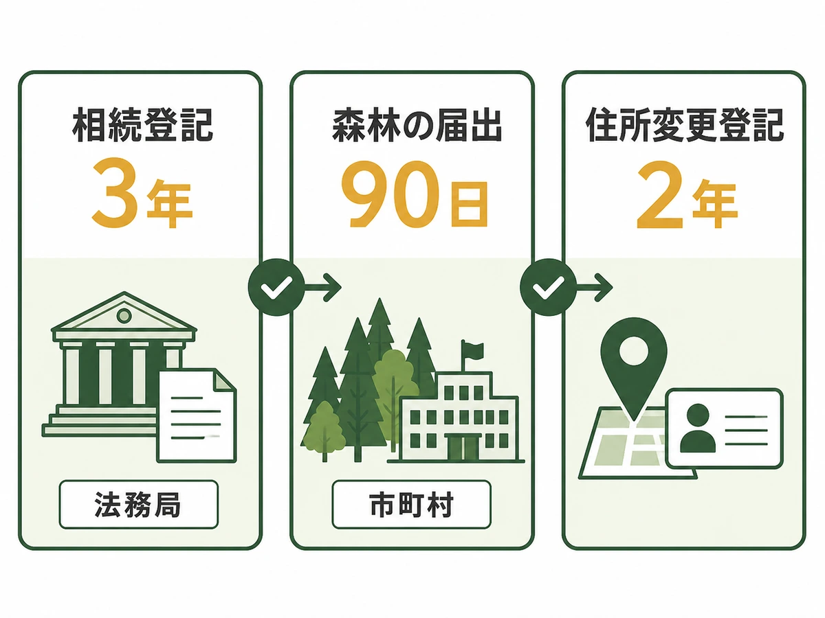 相続登記3年、森林の届出90日、住所変更登記2年と提出先を示す図