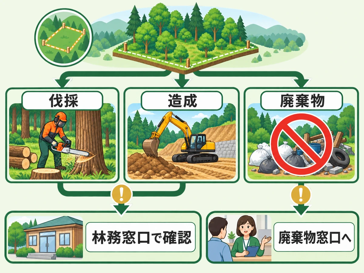 山林で伐採・造成・廃棄をする前の確認窓口を示す判断図