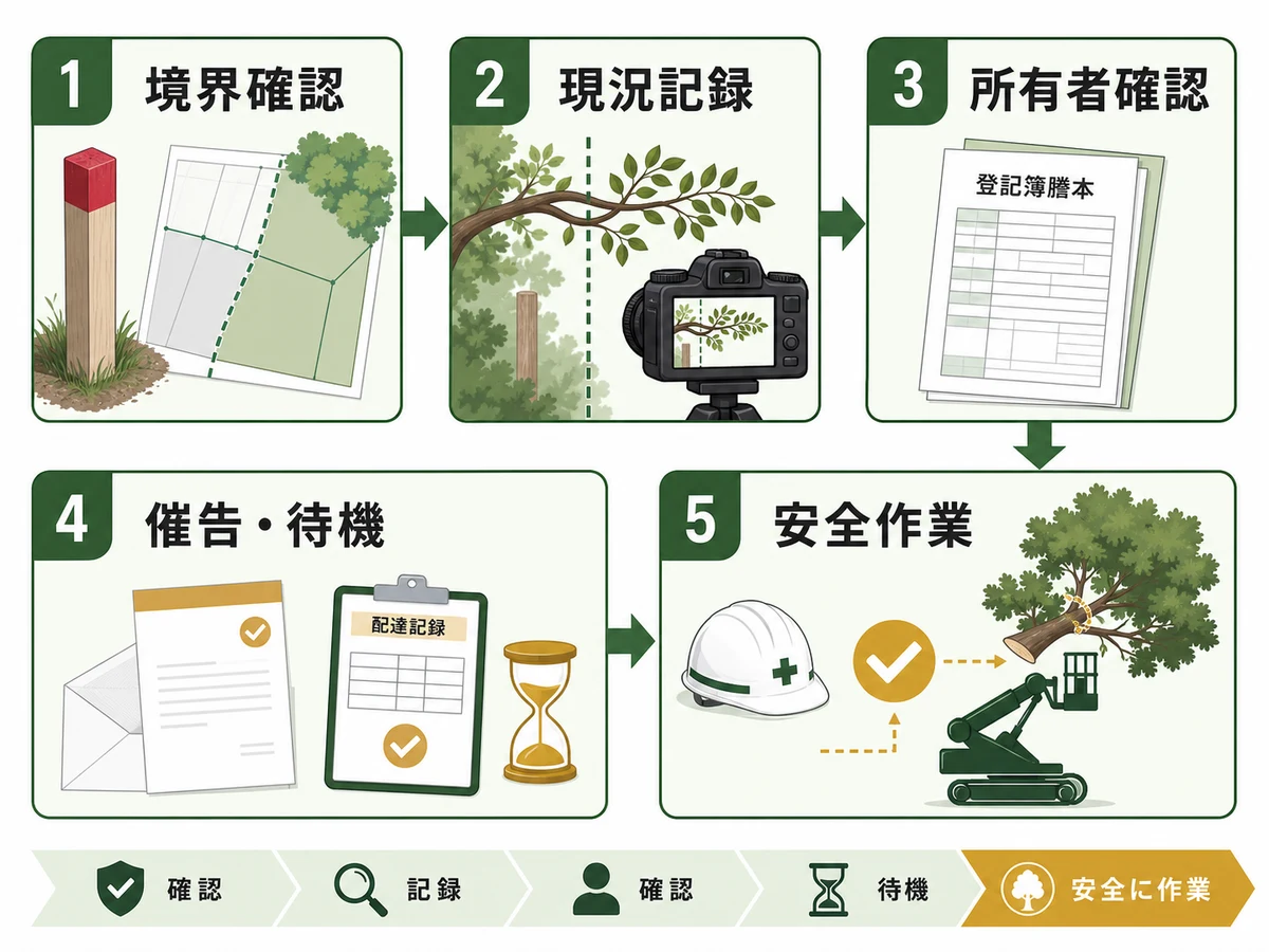 越境木の境界確認から安全作業までの確認フロー
