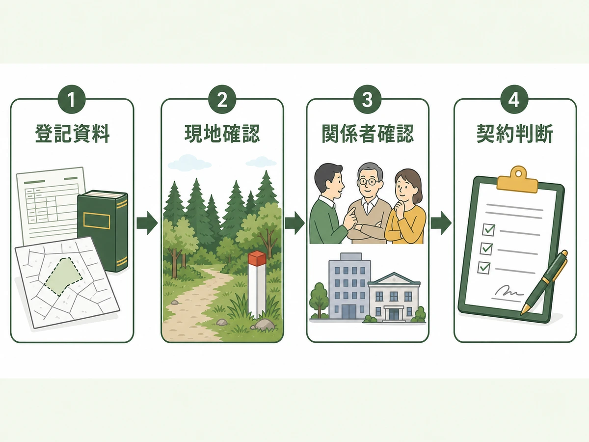 山林の契約前に登記資料、現地、関係者を確認する流れ